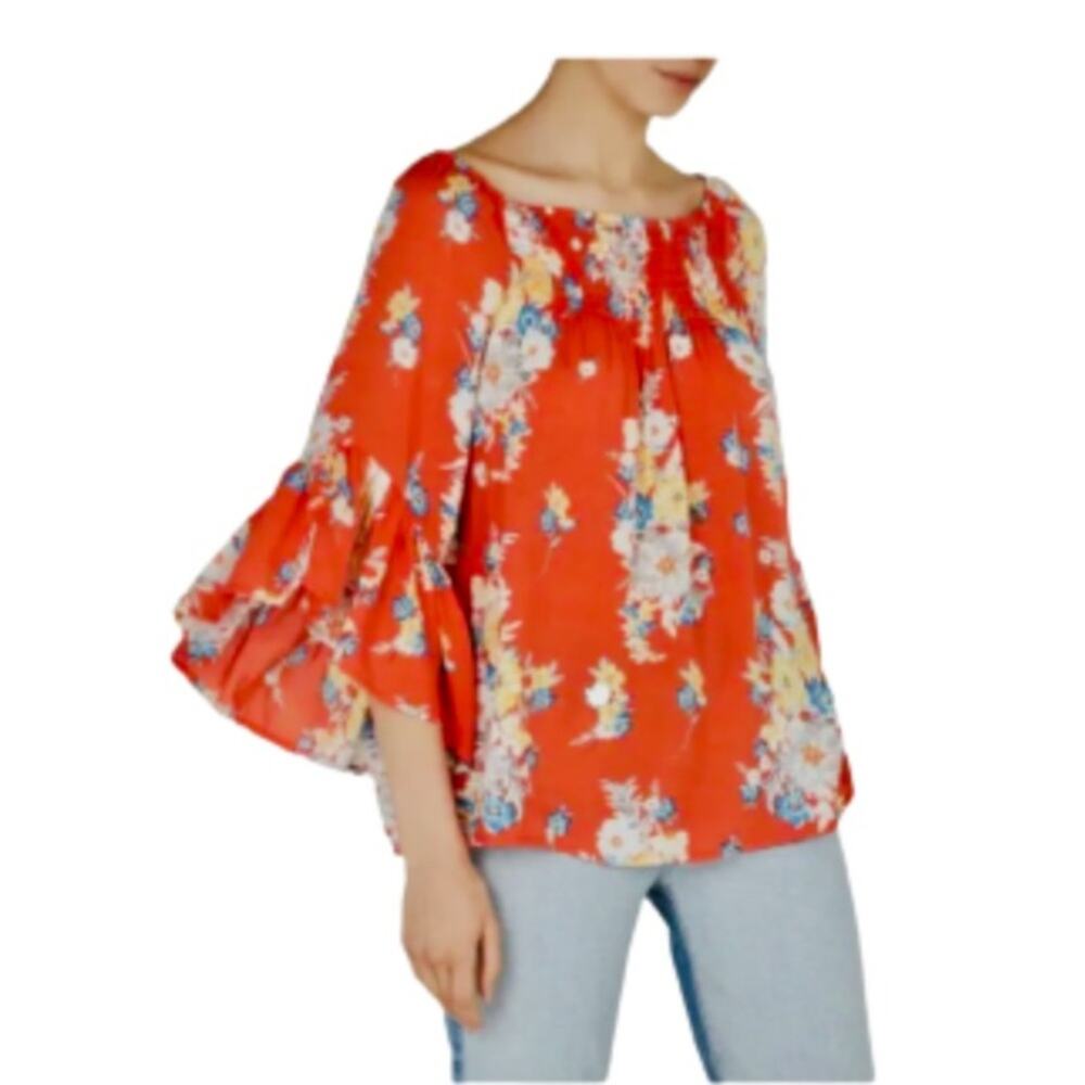 beachlunchlounge Top Blouse Latoya Tangerine Floral 3/4 Bell Sleeve Small NEW